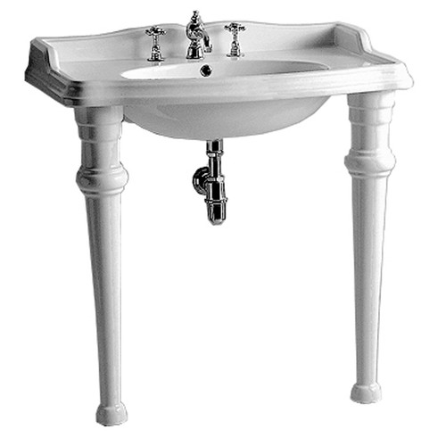 Whitehaus AR864-GB001-3H Isabella Rectangular Console Sink with Integrated Oval Bowl, Widespread Faucet Drill, Backsplash, Ceramic Leg Support and Chrome Overflow - White