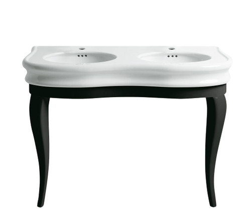 Whitehaus LA12-LAM120B Isabella Large Console Sink with Integrated Oval Bowls, Overflow and Black Wooden Leg Support - White/Black