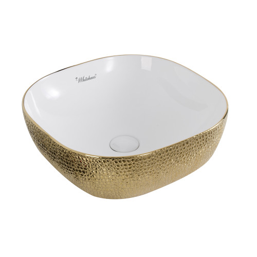 Whitehaus WH71301-F25 Isabella Plus Square Top Mount Sink, Embossed Exterior, Smooth Interior, Center Drain - White/Gold - 16 inch