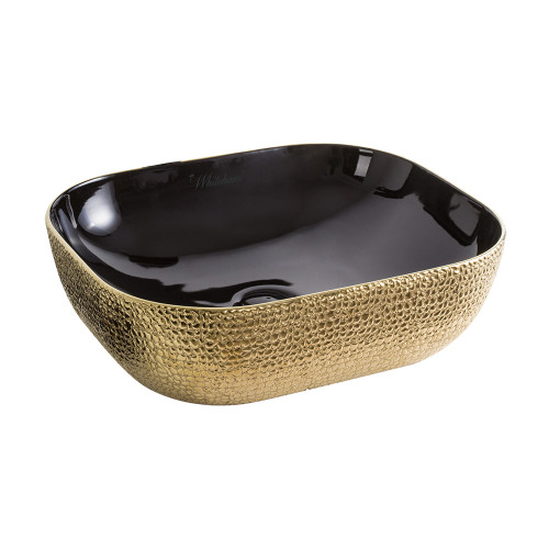 Whitehaus WH71333-F22 Isabella Plus Rectangular Top Mount Sink, Embossed Exterior, Smooth Interior, Center Drain - Black/Gold - 18 inch