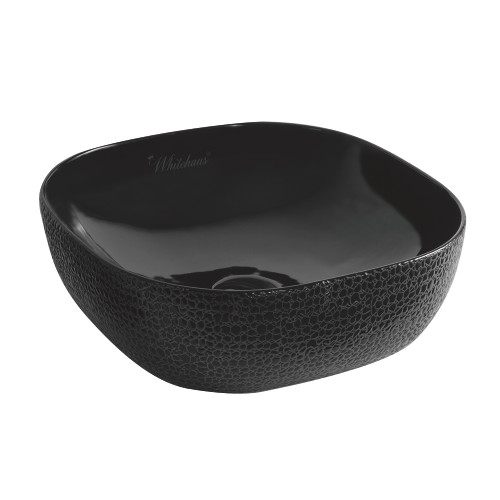 Whitehaus WH71301-F04 Isabella Plus Square Top Mount Sink, Embossed Exterior, Smooth Interior, Center Drain - Black - 16 inch
