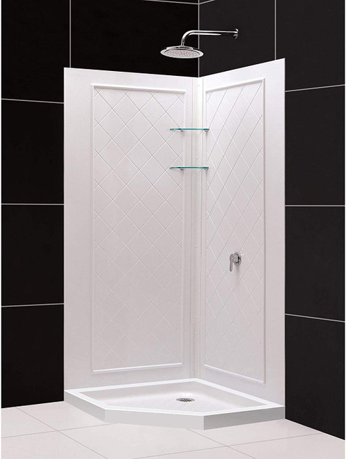 DreamLine DL-6046C-01 40 in. x 40 in. x 76 3/4 in. H Neo-Angle Shower Base and QWALL-4 Acrylic Corner Backwall Kit in White