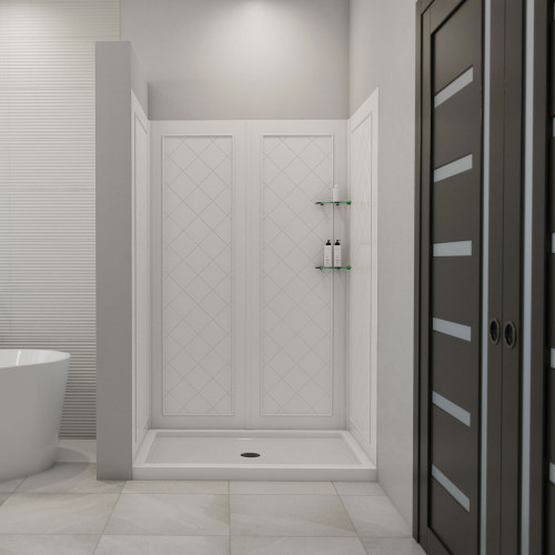 DreamLine DL-6070C-01 32 in. D x 48 in. W x 76 3/4 in. H Center Drain Acrylic Shower Base and QWALL-5 Backwall Kit In White