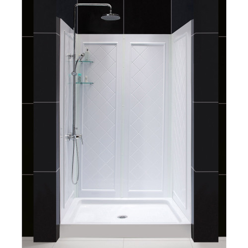 DreamLine DL-6071C-01 34 in. D x 48 in. W x 76 3/4 in. H Center Drain Acrylic Shower Base and QWALL-5 Backwall Kit In White
