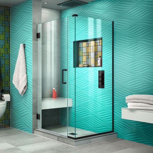 DreamLine SHEN-24335340-09 Unidoor Plus 33 1/2 in. W x 34 3/8 in. D x 72 in. H Frameless Hinged Shower Enclosure in Satin Black