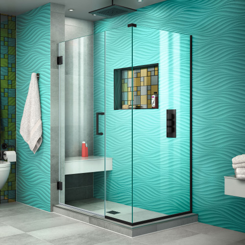 DreamLine SHEN-24385340-09 Unidoor Plus 38 1/2 in. W x 34 3/8 in. D x 72 in. H Frameless Hinged Shower Enclosure in Satin Black