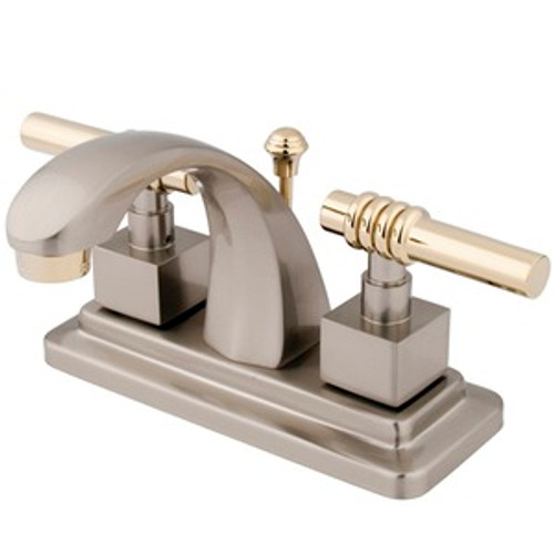 Kingston Brass Two Handle 4" Centerset Lavatory Faucet with Brass Pop-Up Drain - Satin Nickel/Polished Brass KS4649QL