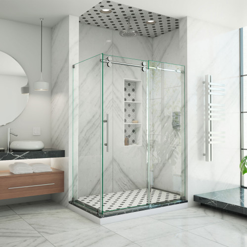DreamLine SHEN-6132542-07 Enigma-XO 32 1/2 in. D x 50-54 in. W x 76 in. H Frameless Shower Enclosure in Brushed Stainless Steel
