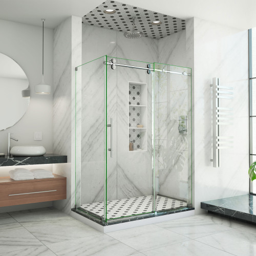 DreamLine SHEN-6134542-08 Enigma-XO 34 1/2 in. D x 50-54 in. W x 76 in. H Frameless Shower Enclosure in Polished Stainless Steel