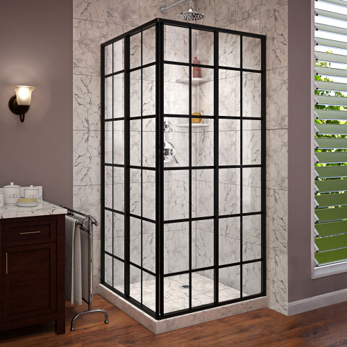 DreamLine SHEN-8134340-89 French Corner 34 1/2 in. D x 34 1/2 in. W x 72 in. H Framed Sliding Shower Enclosure in Satin Black