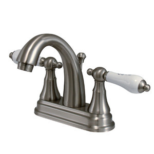 Kingston Brass Two Handle 4" Centerset Lavatory Faucet with Brass Pop-Up Drain - Brushed Nickel KS7618PL