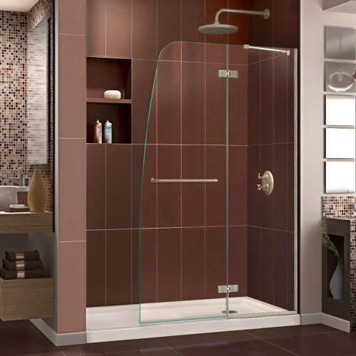 DreamLine DL-6520R-22-04 Aqua Ultra 30 in. D x 60 in. W x 74 3/4 in. H Frameless Shower Door in Brushed Nickel and Right Drain Biscuit Base Kit