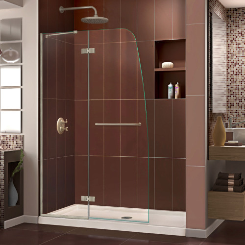 DreamLine DL-6524C-22-04 Aqua Ultra 36 in. D x 48 in. W x 74 3/4 in. H Frameless Shower Door in Brushed Nickel and Center Drain Biscuit Base Kit