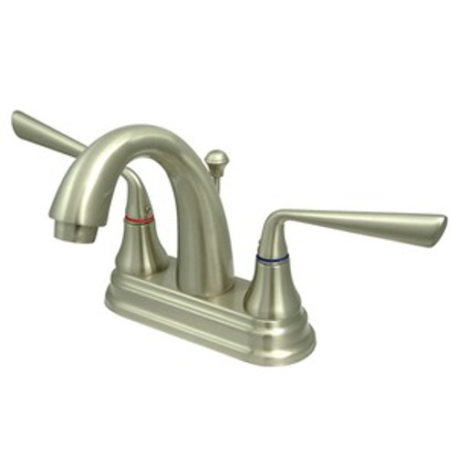 Kingston Brass Two Handle 4" Centerset Lavatory Faucet with Brass Pop-Up Drain - Satin Nickel KS7618ZL