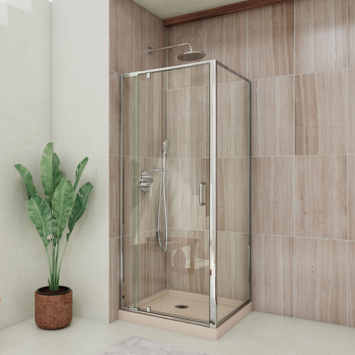DreamLine DL-6715-22-01CL Flex 36 in. D x 36 in. W x 74 3/4 in. H Semi-Frameless Pivot Shower Enclosure in Chrome with Corner Drain Biscuit Base