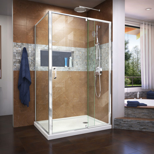 DreamLine DL-6719R-01CL Flex 36 in. D x 48 in. W x 74 3/4 in. H Semi-Frameless Pivot Shower Enclosure in Chrome with Right Drain White Base Kit