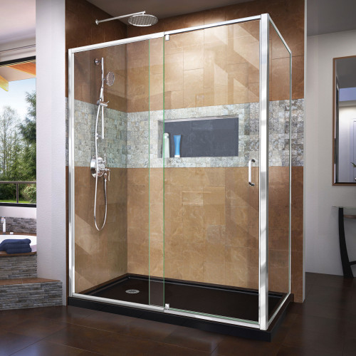 DreamLine DL-6720L-88-01 Flex 36 in. D x 60 in. W x 74 3/4 in. H Semi-Frameless Pivot Shower Enclosure in Chrome with Left Drain Black Base Kit