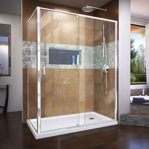 DreamLine DL-6720R-01CL Flex 36 in. D x 60 in. W x 74 3/4 in. H Semi-Frameless Pivot Shower Enclosure in Chrome with Right Drain White Base Kit