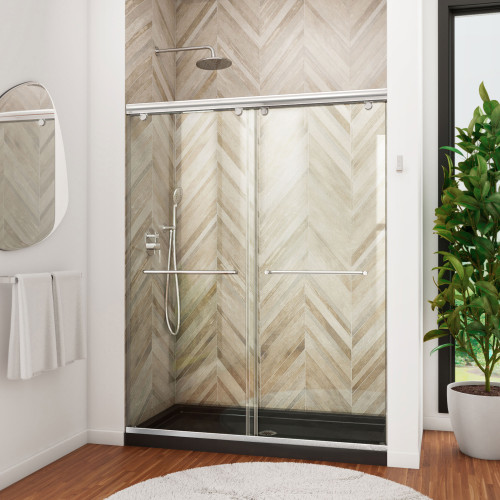 DreamLine DL-6942C-88-01 Charisma 34 in. D x 60 in. W x 78 3/4 in. H Frameless Bypass Shower Door in Chrome with Center Drain Black Base
