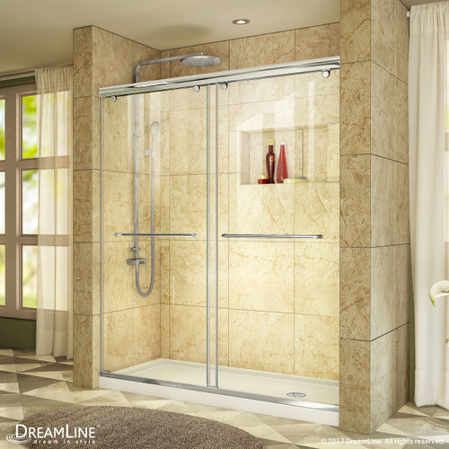 DreamLine DL-6942R-01CL Charisma 34 in. D x 60 in. W x 78 3/4 in. H Frameless Bypass Shower Door in Chrome with Right Drain White Base