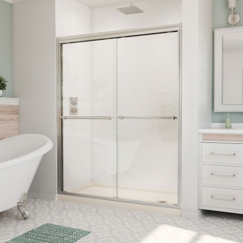 DreamLine DL-6951L-01CL Duet 32 in. D x 60 in. W x 74 3/4 in. H Semi-Frameless Bypass Shower Door in Chrome and Left Drain White Base
