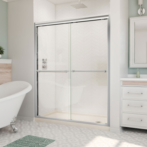 DreamLine DL-6952R-22-04 Duet 34 in. D x 60 in. W x 74 3/4 in. H Semi-Frameless Bypass Shower Door in Brushed Nickel and Right Drain Biscuit Base