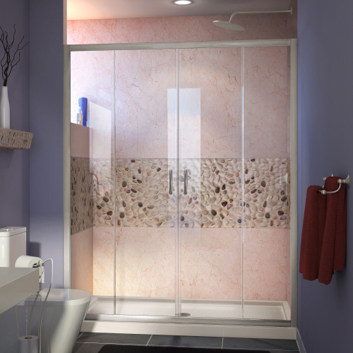 DreamLine DL-6962C-22-04 Visions 34 in. D x 60 in. W x 74 3/4 in. H Sliding Shower Door in Brushed Nickel with Center Drain Biscuit Shower Base