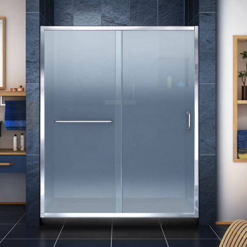 DreamLine DL-6971C-88-01F Infinity-Z 32 in. D x 60 in. W x 74 3/4 in. H Frosted Sliding Shower Door in Chrome and Center Drain Black Base