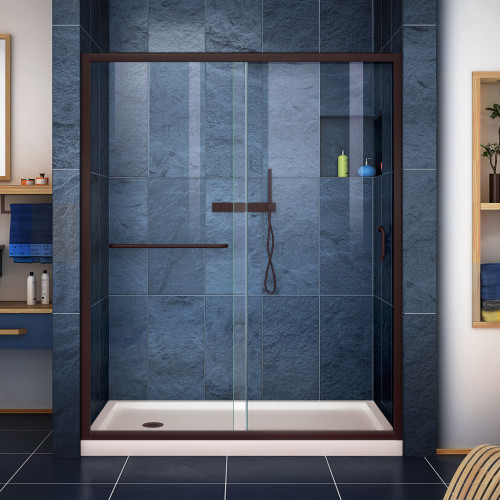 DreamLine DL-6971L-22-06 Infinity-Z 32 in. D x 60 in. W x 74 3/4 in. H Clear Sliding Shower Door in Oil Rubbed Bronze and Left Drain Biscuit Base