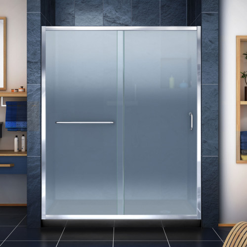 DreamLine DL-6971R-88-01F Infinity-Z 32 in. D x 60 in. W x 74 3/4 in. H Frosted Sliding Shower Door in Chrome and Right Drain Black Base