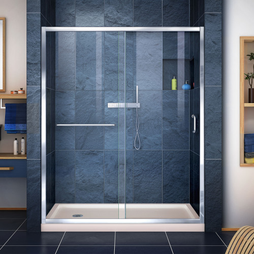 DreamLine DL-6972L-22-01 Infinity-Z 34 in. D x 60 in. W x 74 3/4 in. H Clear Sliding Shower Door in Chrome and Left Drain Biscuit Base