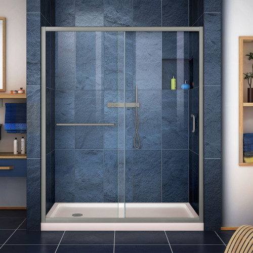 DreamLine DL-6972L-22-04 Infinity-Z 34 in. D x 60 in. W x 74 3/4 in. H Clear Sliding Shower Door in Brushed Nickel and Left Drain Biscuit Base