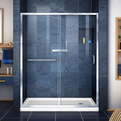 DreamLine DL-6972R-01CL Infinity-Z 34 in. D x 60 in. W x 74 3/4 in. H Clear Sliding Shower Door in Chrome and Right Drain White Base
