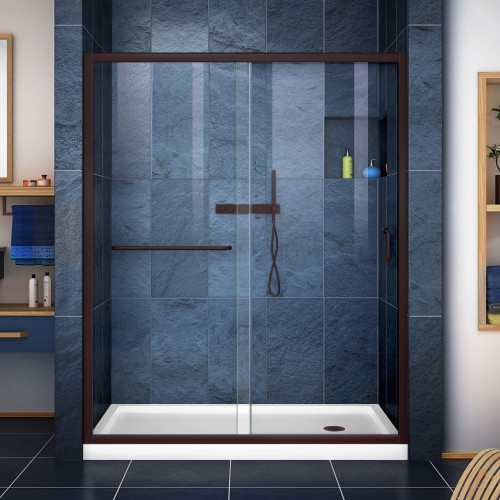 DreamLine DL-6972R-06CL Infinity-Z 34 in. D x 60 in. W x 74 3/4 in. H Clear Sliding Shower Door in Oil Rubbed Bronze and Right Drain White Base