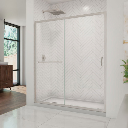 DreamLine DL-6973L-04CL Infinity-Z 36 in. D x 60 in. W x 74 3/4 in. H Clear Sliding Shower Door in Brushed Nickel and Left Drain White Base
