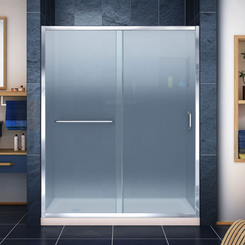 DreamLine DL-6973L-22-01F Infinity-Z 36 in. D x 60 in. W x 74 3/4 in. H Frosted Sliding Shower Door in Chrome and Left Drain Biscuit Base