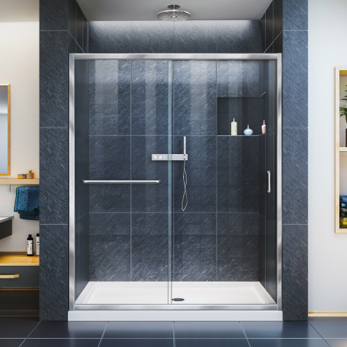 DreamLine DL-6974C-01CL Infinity-Z 32 in. D x 54 in. W x 74 3/4 in. H Clear Sliding Shower Door in Chrome and Center Drain White Base