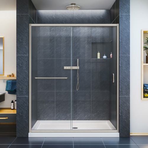 DreamLine DL-6974C-04CL Infinity-Z 32 in. D x 54 in. W x 74 3/4 in. H Clear Sliding Shower Door in Brushed Nickel and Center Drain White Base