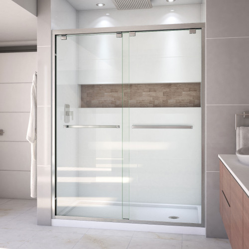 DreamLine DL-7004R-04 Encore 30 in. D x 60 in. W x 78 3/4 in. H Bypass Shower Door in Brushed Nickel and Right Drain White Base Kit