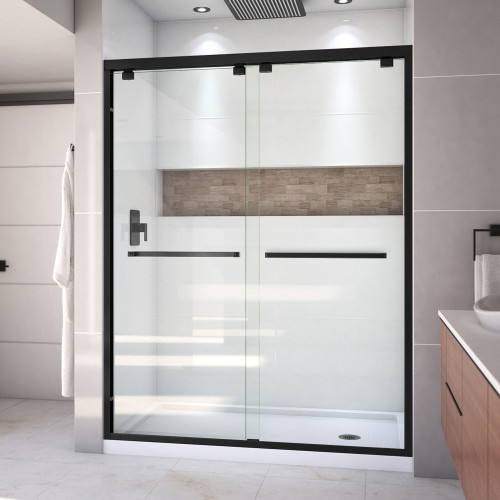 DreamLine DL-7004R-09 Encore 30 in. D x 60 in. W x 78 3/4 in. H Bypass Shower Door in Satin Black and Right Drain White Base Kit