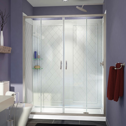 DreamLine DL-6114R-04CL Visions 34 in. D x 60 in. W x 76 3/4 in. H Sliding Shower Door in Brushed Nickel with Right Drain White Base, Backwalls