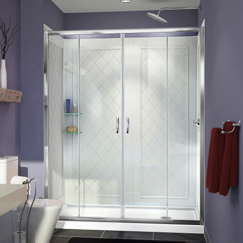 DreamLine DL-6115R-01CL Visions 36 in. D x 60 in. W x 76 3/4 in. H Sliding Shower Door in Chrome with Right Drain White Base, Backwalls