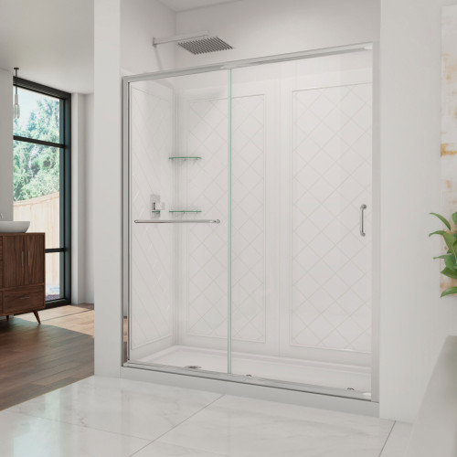 DreamLine DL-6117L-01CL Infinity-Z 32 in. D x 60 in. W x 76 3/4 in. H Clear Sliding Shower Door in Chrome, Left Drain Base and Backwalls