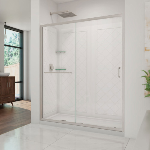 DreamLine DL-6117L-04CL Infinity-Z 32 in. D x 60 in. W x 76 3/4 in. H Clear Sliding Shower Door in Brushed Nickel, Left Drain Base and Backwalls DreamLine DL-6117L-04CL Infinity-Z 32 in. D x 60 in. W x 76 3/4 in. H Clear Sliding Shower Door in Brushed Nickel, Left Drain Base and Backwalls