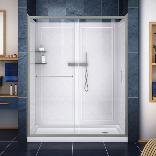 DreamLine DL-6118R-04CL Infinity-Z 34 in. D x 60 in. W x 76 3/4 in. H Clear Sliding Shower Door in Brushed Nickel, Right Drain Base, Backwalls