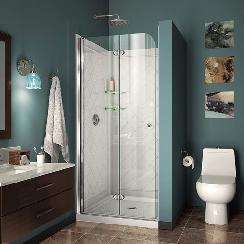 DreamLine DL-6527-01 Aqua Fold 32 in. D x 32 in. W x 76 3/4 in. H Bi-Fold Shower Door in Chrome with White Acrylic Base and Backwall Kit