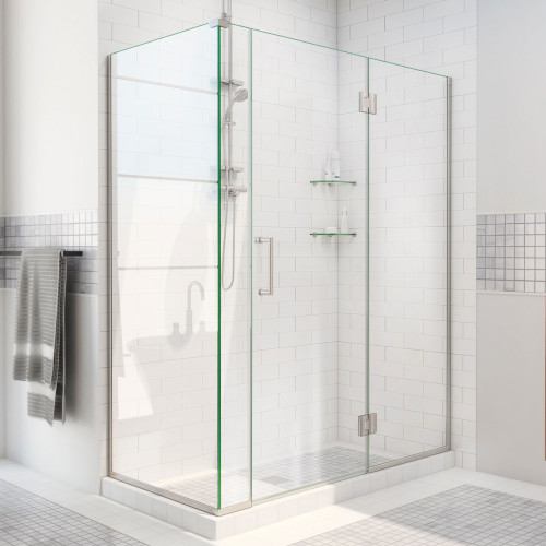 DreamLine E32906534R-04 Unidoor-X 59 1/2 in. W x 34 3/8 in. D x 72 in. H Frameless Hinged Shower Enclosure in Brushed Nickel