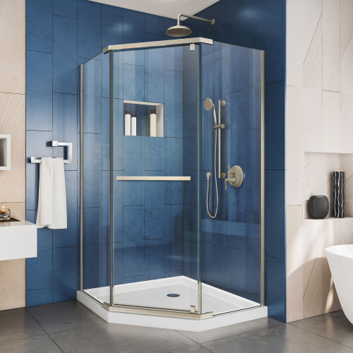 DreamLine DL-6032-04 Prism 40 in. D x 40 in. W x 74 3/4 H Frameless Pivot Shower Enclosure in Brushed Nickel and Corner Drain White Base Kit