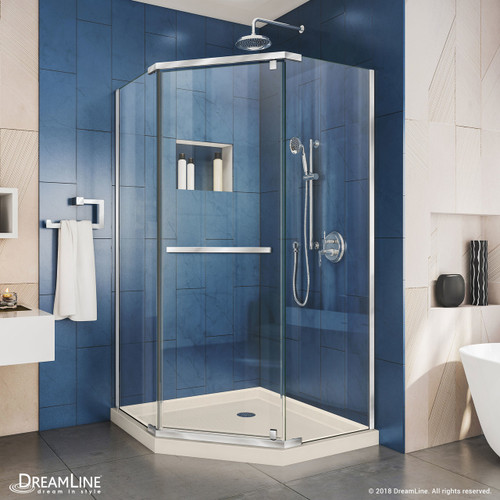 DreamLine DL-6033-22-01 Prism 42 in. D x 42 in. W x 74 3/4 H Frameless Pivot Shower Enclosure in Chrome and Corner Drain Biscuit Base Kit