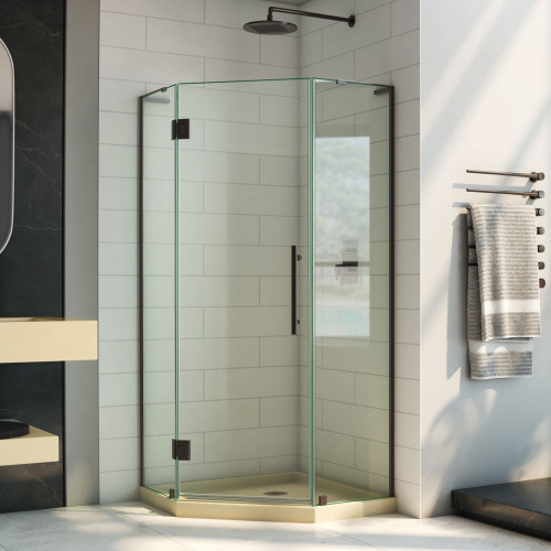 DreamLine DL-6061-22-06 Prism Plus 38 in. D x 38 in. W x 74 3/4 in. H Frameless Shower Enclosure in Oil Rubbed Bronze, Corner Drain Biscuit Base